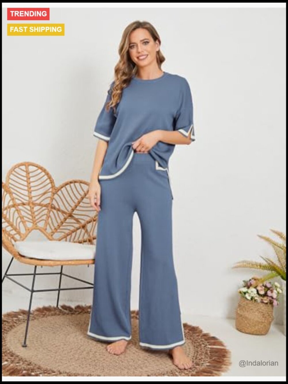 Short Sleeve Knit Pullover Top Wide Leg Pants Lounge Set - Picture 2 of 7